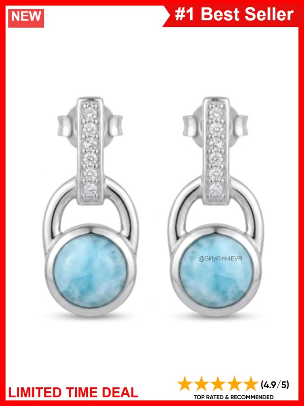 Handmade Larimar 925 Sterling Silver Stud Earrings 22mm